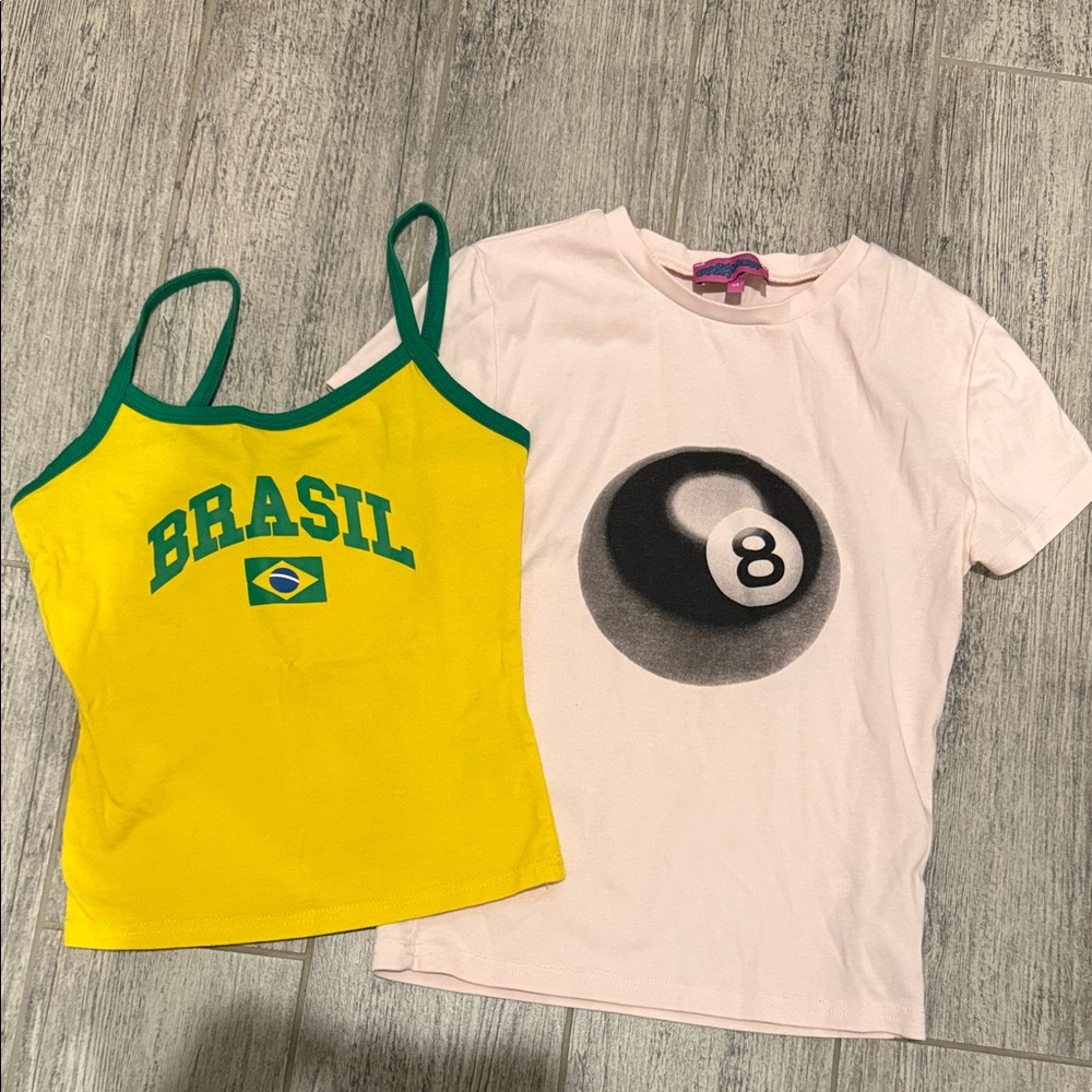 Edikted Pink 8 Ball tee AND Yellow/Green Brasil Camisole both XS